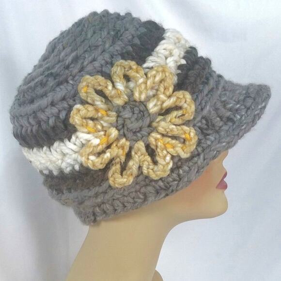 NEW Crochet Newsboy Flower Hat Hand Crafted Earth Tone Colors Sunflower Warm - Picture 1 of 10
